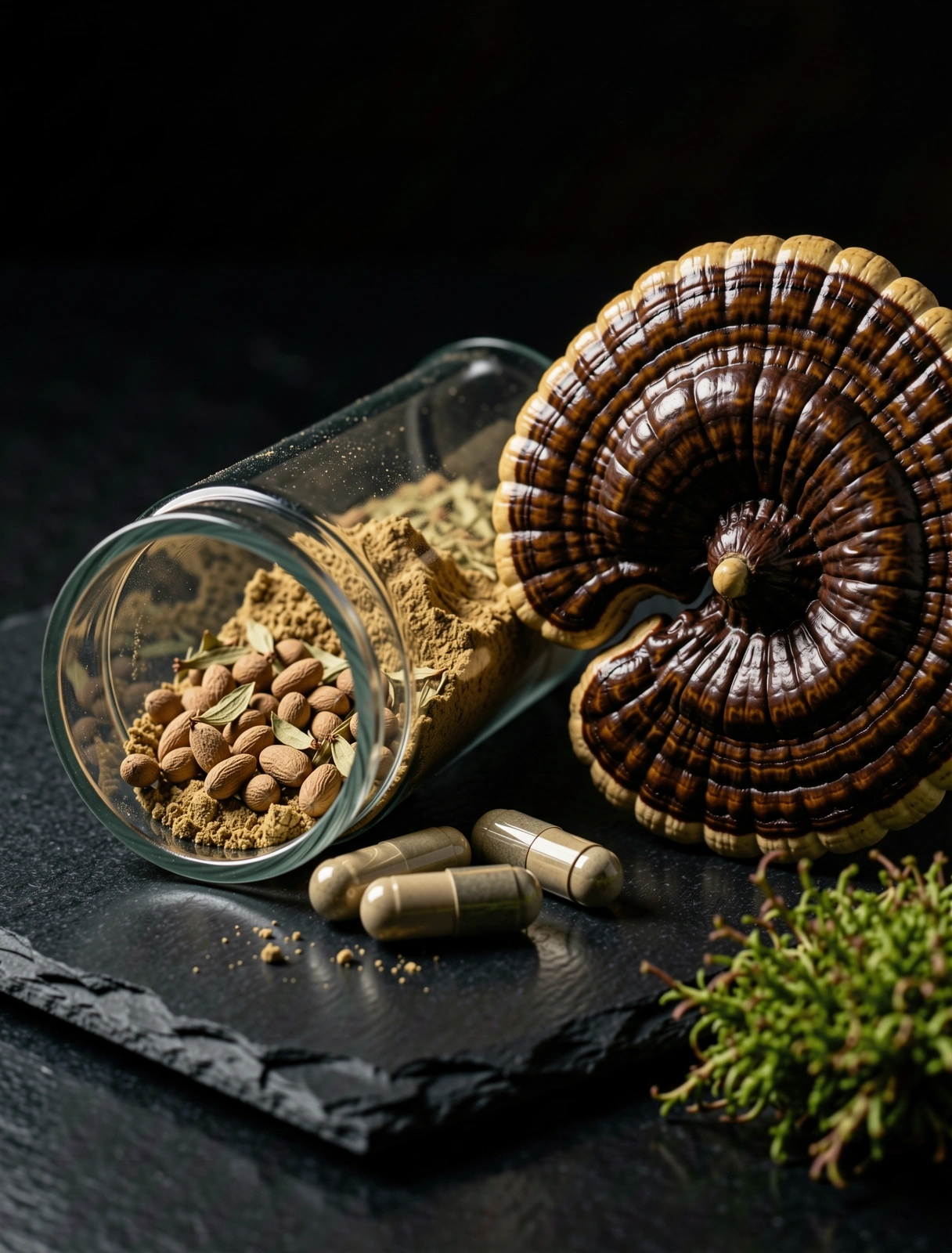 Raw botanical elements on dark stone
