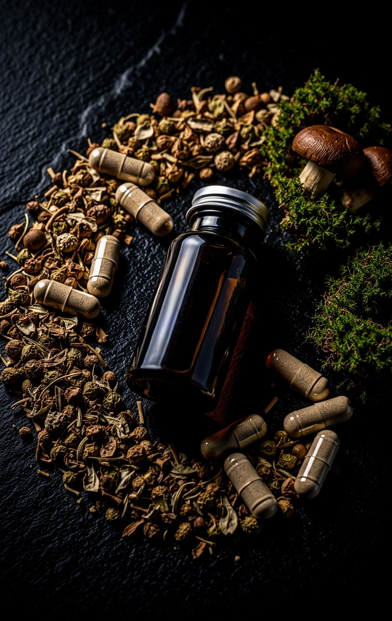 Raw botanicals on obsidian surface